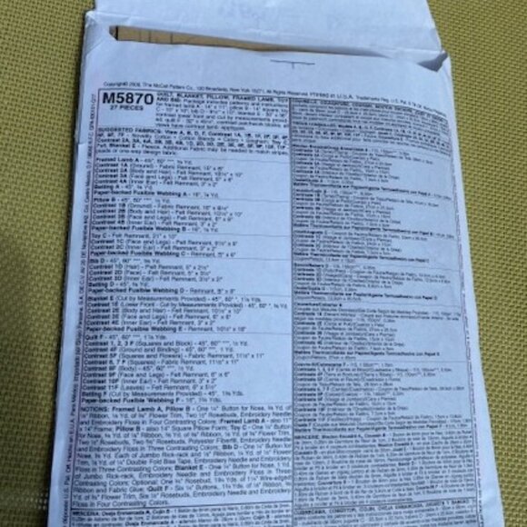 McCall's Craft Pattern M5870 Baby Child Lamb Animals Quilt Blanket Pillow UNCUT - Picture 3 of 3